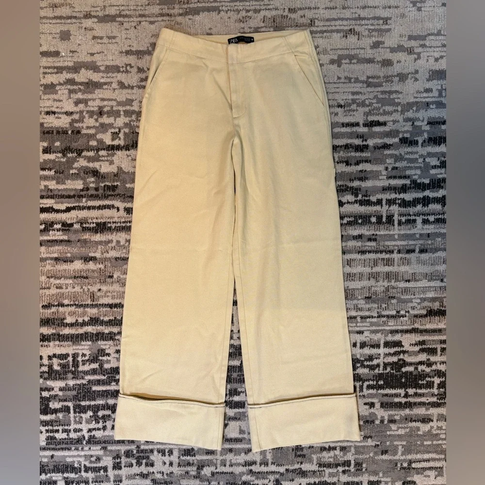 Zara Highrise Wide Leg Cuffed Light Butter Yellow Jeans Size Extra Small Cotton - Picture 3 of 12